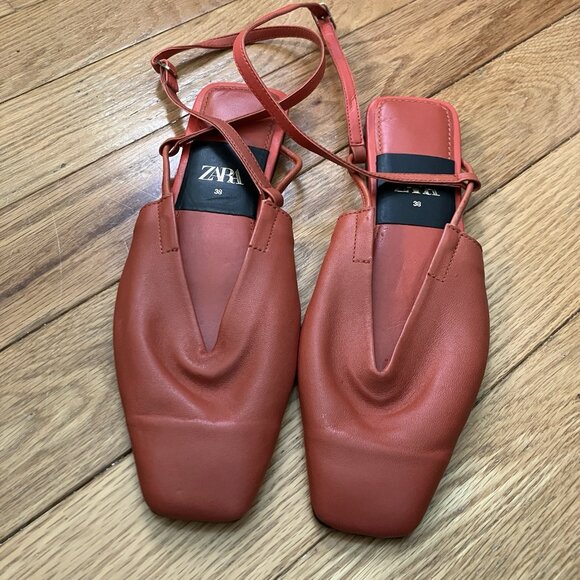 Zara Leather Flats Womens EU 38 US 7.5 Rust Orange Square Toe Strap Ballet - Picture 2 of 9